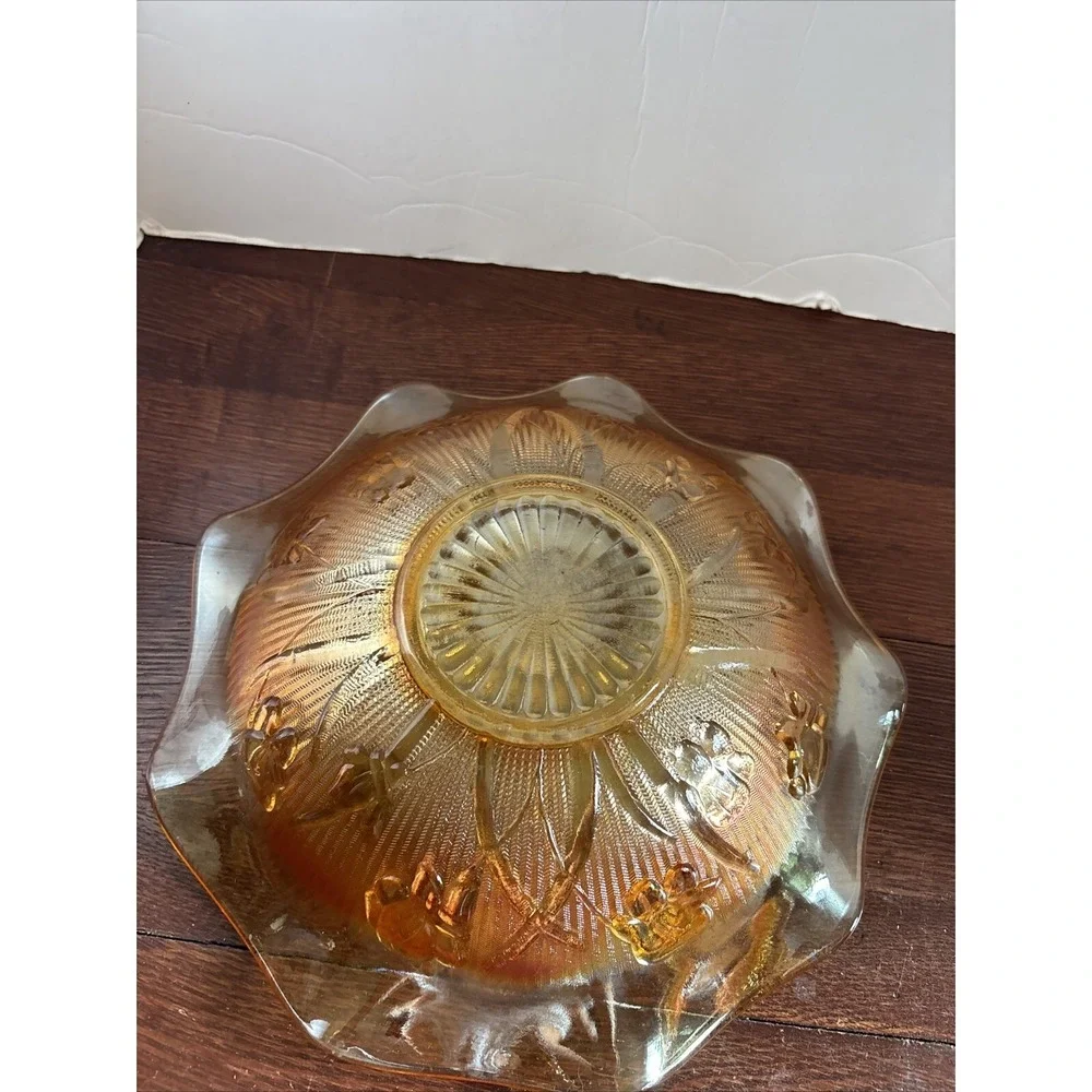 Vintage Jeanette Iris and  Herringbone Marigold Carnival Glass‎ Ruffled Bowl 11